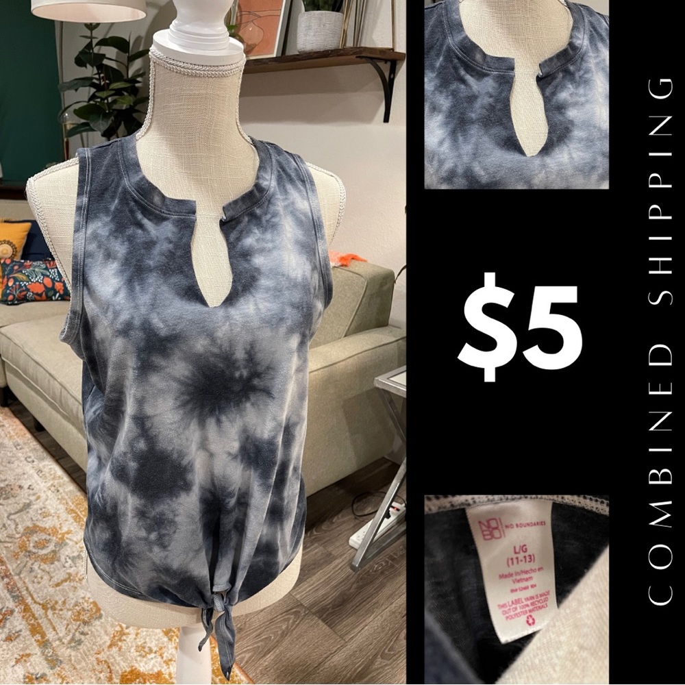 Gray tie dye cotton sleeveless shirt with tie waist and slit style neck.